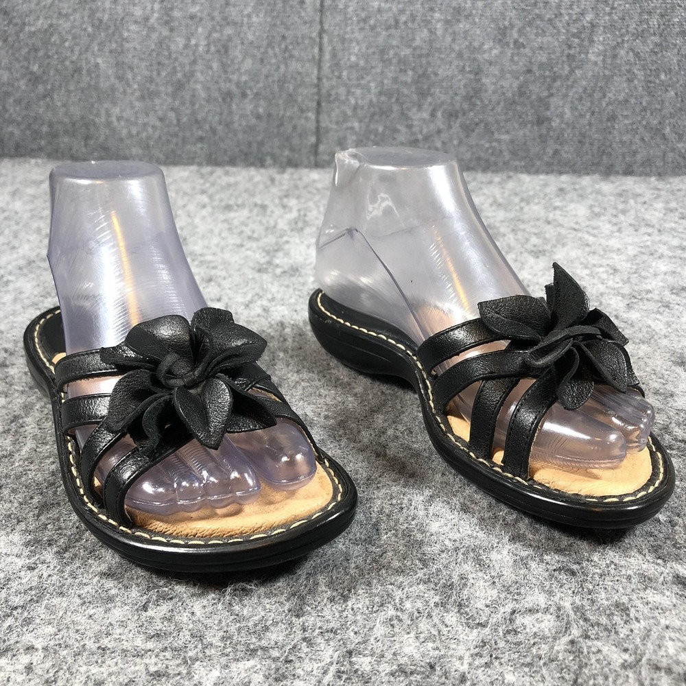 Sofft‎ Flower Wedge Sandals Womens 5.5 Black Leather Slide Comfort Casual